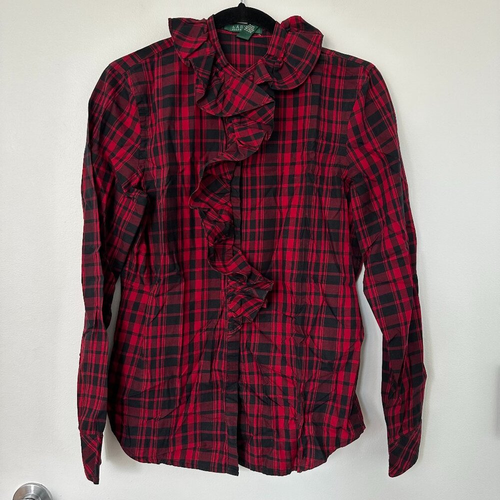 Ralph Lauren - Red & Black Plaid, Ruffle, Cotton Poplin Shirt